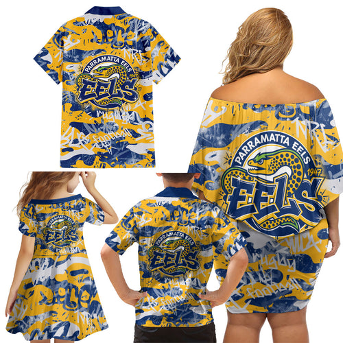 Parramatta Eels Rugby Family Matching Off Shoulder Short Dress and Hawaiian Shirt Graffiti Typography Urban Camo Abstract Street Style