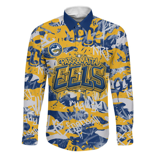 Parramatta Eels Rugby Family Matching Off Shoulder Short Dress and Hawaiian Shirt Graffiti Typography Urban Camo Abstract Street Style