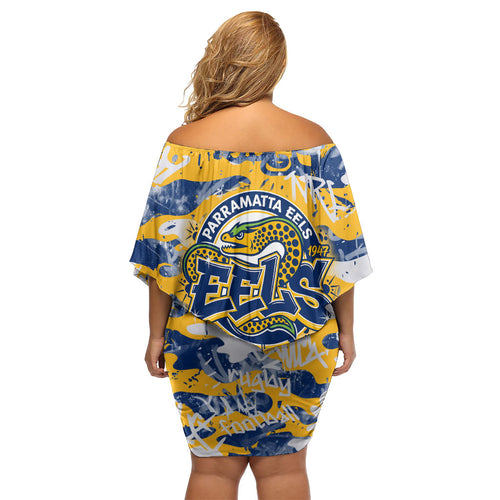 Parramatta Eels Rugby Family Matching Off Shoulder Short Dress and Hawaiian Shirt Graffiti Typography Urban Camo Abstract Street Style