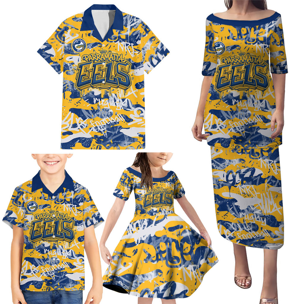Parramatta Eels Rugby Family Matching Puletasi and Hawaiian Shirt Graffiti Typography Urban Camo Abstract Street Style