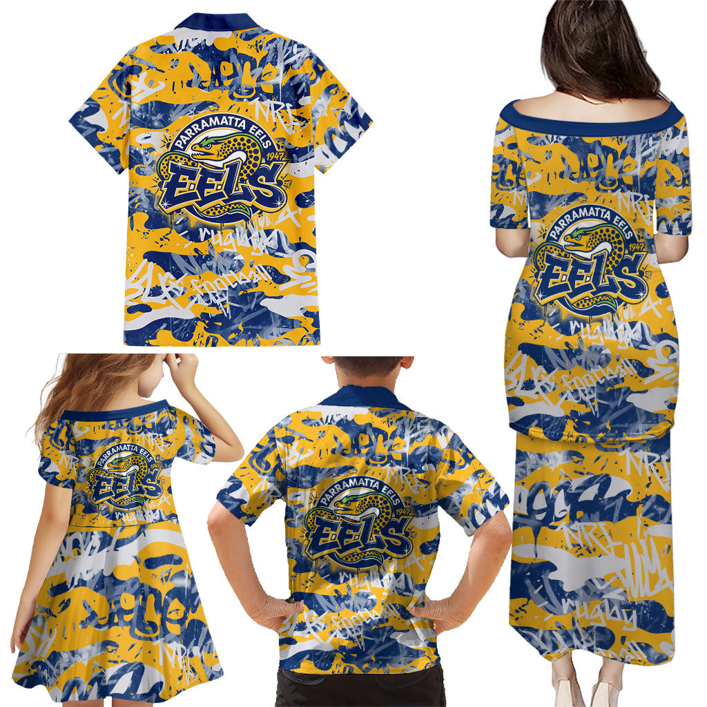 Parramatta Eels Rugby Family Matching Puletasi and Hawaiian Shirt Graffiti Typography Urban Camo Abstract Street Style
