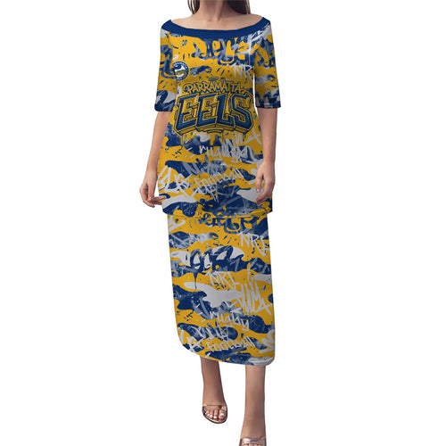 Parramatta Eels Rugby Family Matching Puletasi and Hawaiian Shirt Graffiti Typography Urban Camo Abstract Street Style