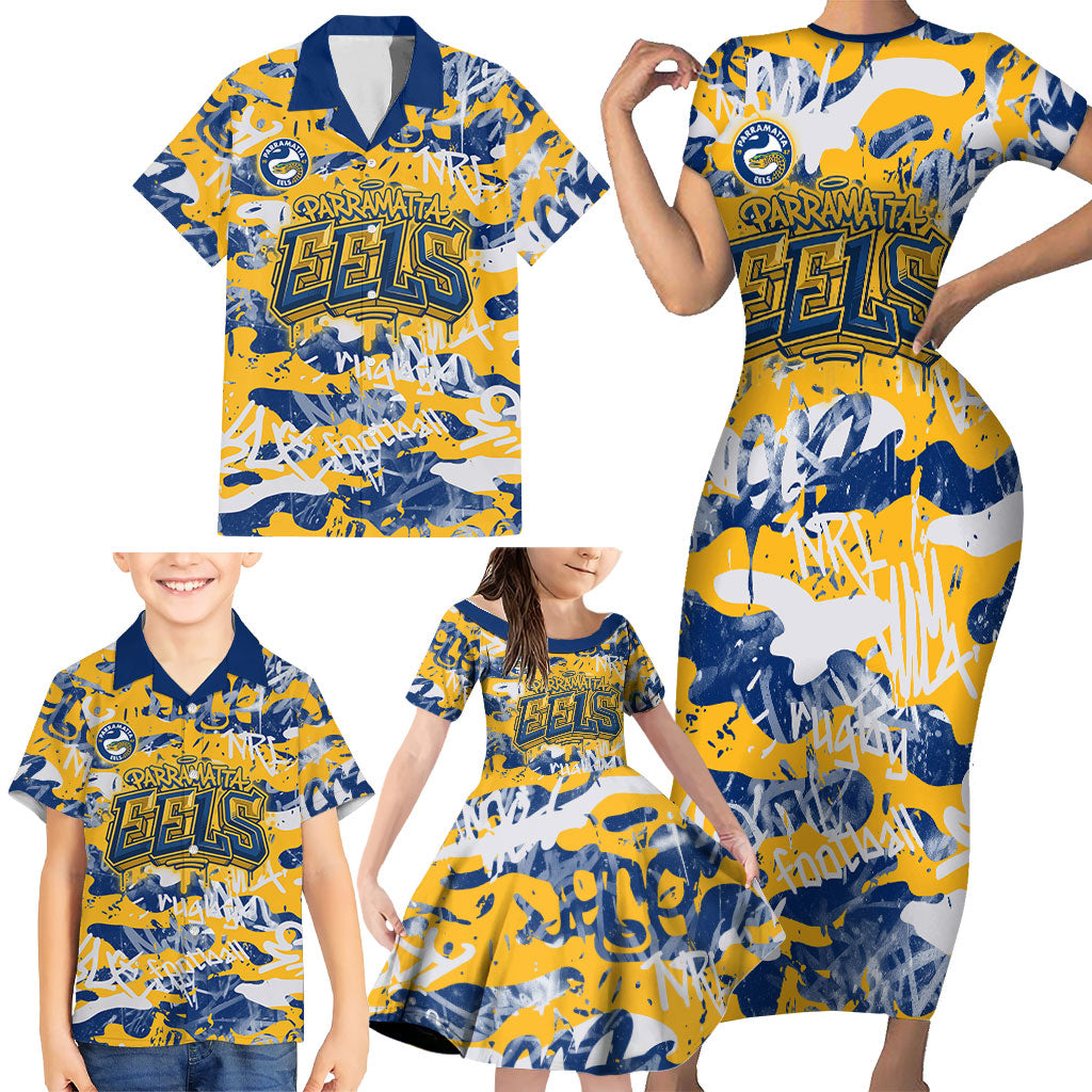 Parramatta Eels Rugby Family Matching Short Sleeve Bodycon Dress and Hawaiian Shirt Graffiti Typography Urban Camo Abstract Street Style