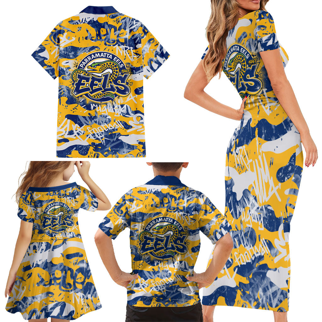 Parramatta Eels Rugby Family Matching Short Sleeve Bodycon Dress and Hawaiian Shirt Graffiti Typography Urban Camo Abstract Street Style