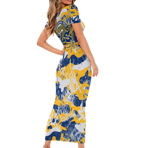 Parramatta Eels Rugby Family Matching Short Sleeve Bodycon Dress and Hawaiian Shirt Graffiti Typography Urban Camo Abstract Street Style