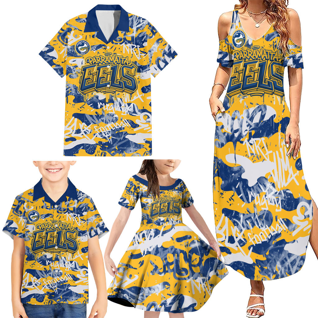 Parramatta Eels Rugby Family Matching Summer Maxi Dress and Hawaiian Shirt Graffiti Typography Urban Camo Abstract Street Style