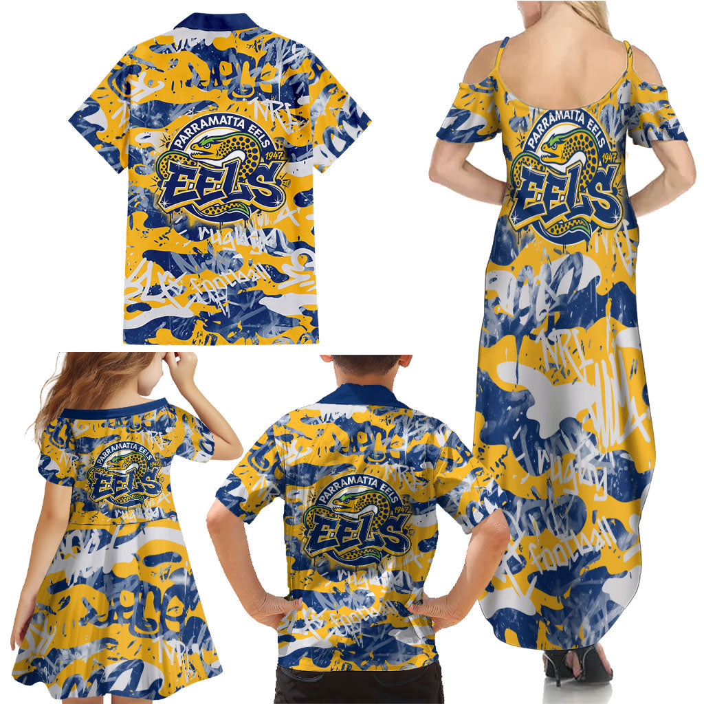 Parramatta Eels Rugby Family Matching Summer Maxi Dress and Hawaiian Shirt Graffiti Typography Urban Camo Abstract Street Style