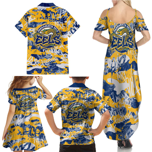 Parramatta Eels Rugby Family Matching Summer Maxi Dress and Hawaiian Shirt Graffiti Typography Urban Camo Abstract Street Style
