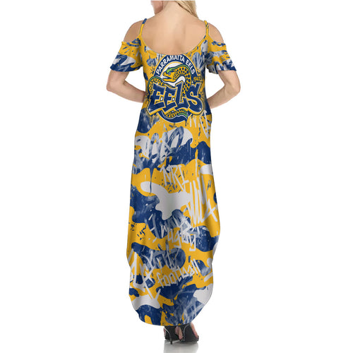 Parramatta Eels Rugby Family Matching Summer Maxi Dress and Hawaiian Shirt Graffiti Typography Urban Camo Abstract Street Style