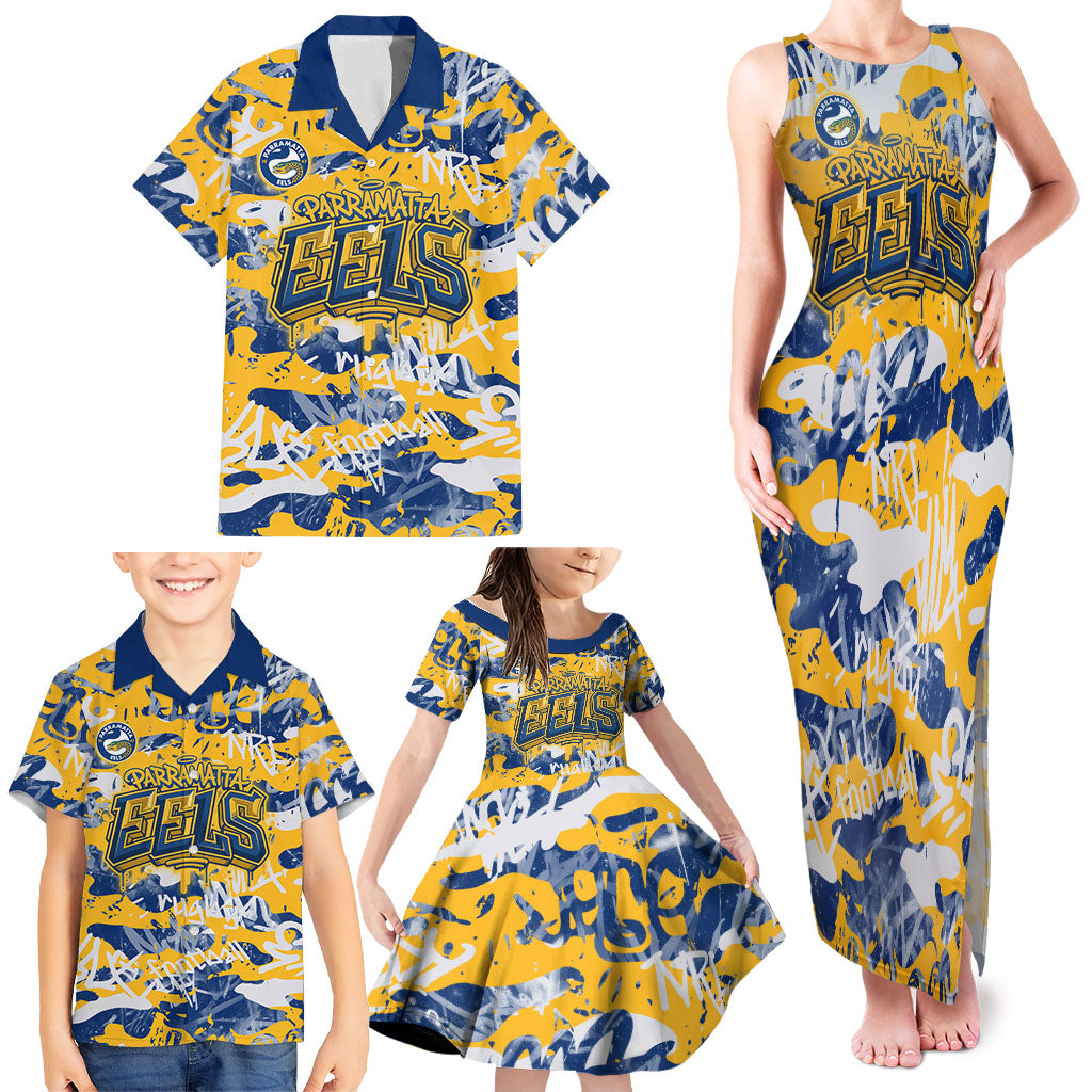 Parramatta Eels Rugby Family Matching Tank Maxi Dress and Hawaiian Shirt Graffiti Typography Urban Camo Abstract Street Style