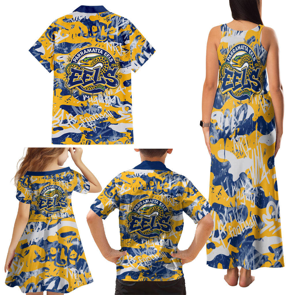 Parramatta Eels Rugby Family Matching Tank Maxi Dress and Hawaiian Shirt Graffiti Typography Urban Camo Abstract Street Style