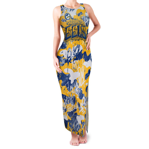 Parramatta Eels Rugby Family Matching Tank Maxi Dress and Hawaiian Shirt Graffiti Typography Urban Camo Abstract Street Style