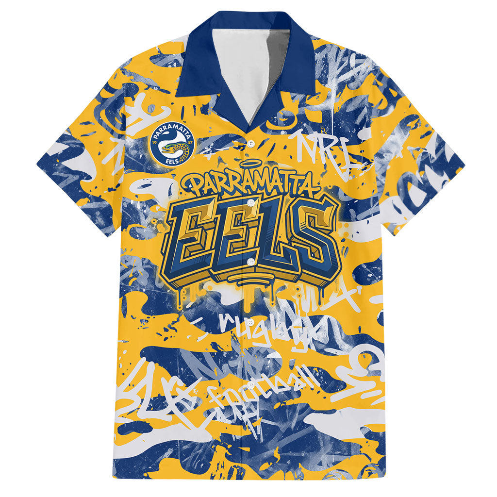 Parramatta Eels Rugby Hawaiian Shirt Graffiti Typography Urban Camo Abstract Street Style