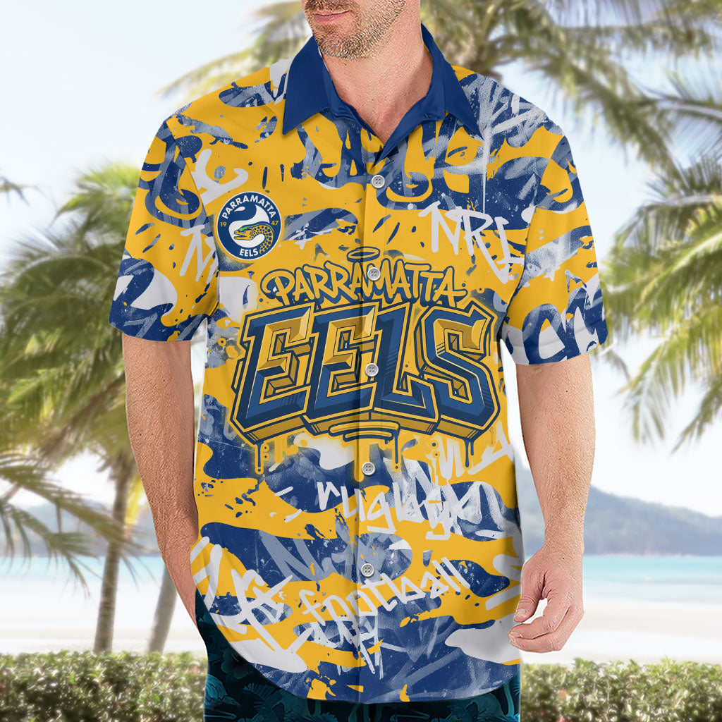 Parramatta Eels Rugby Hawaiian Shirt Graffiti Typography Urban Camo Abstract Street Style