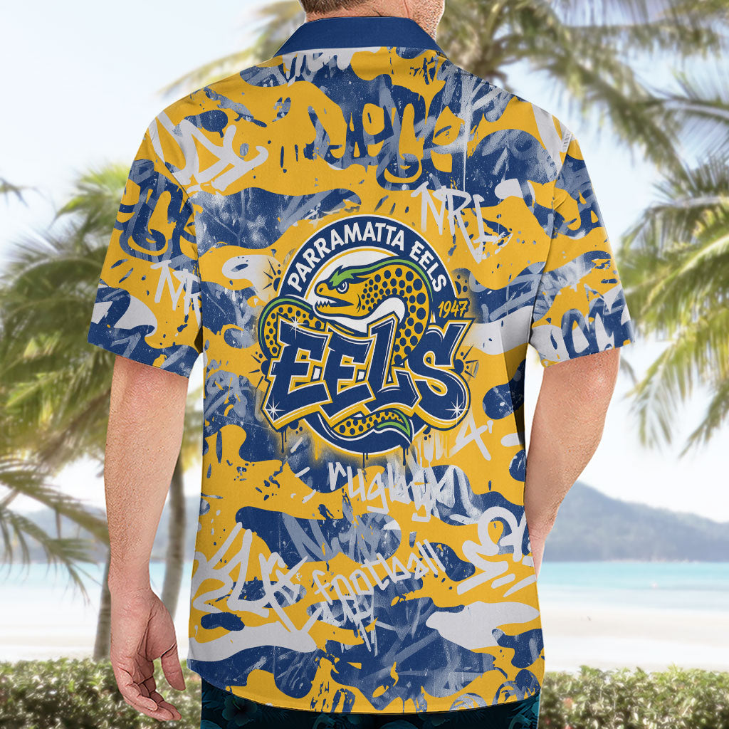 Parramatta Eels Rugby Hawaiian Shirt Graffiti Typography Urban Camo Abstract Street Style