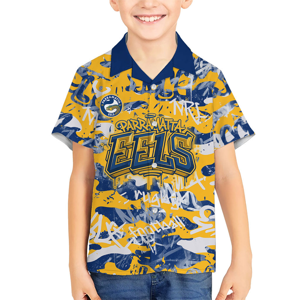 Parramatta Eels Rugby Hawaiian Shirt Graffiti Typography Urban Camo Abstract Street Style