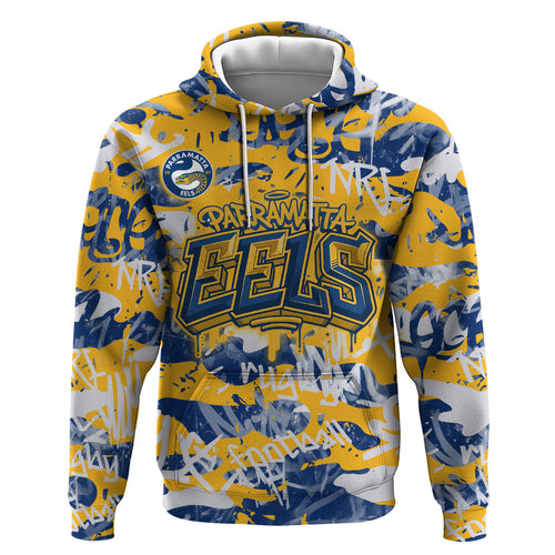 Parramatta Eels Rugby Hoodie Graffiti Typography Urban Camo Abstract Street Style