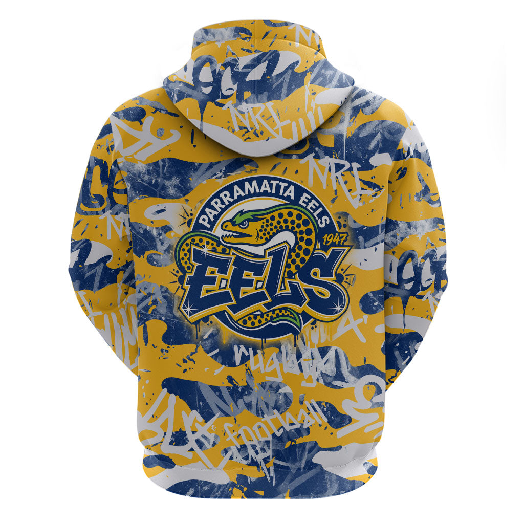 Parramatta Eels Rugby Hoodie Graffiti Typography Urban Camo Abstract Street Style