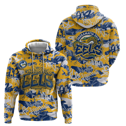 Parramatta Eels Rugby Hoodie Graffiti Typography Urban Camo Abstract Street Style