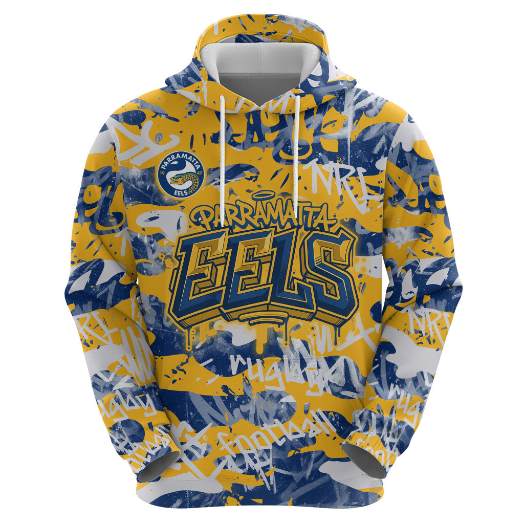 Parramatta Eels Rugby Hoodie Graffiti Typography Urban Camo Abstract Street Style