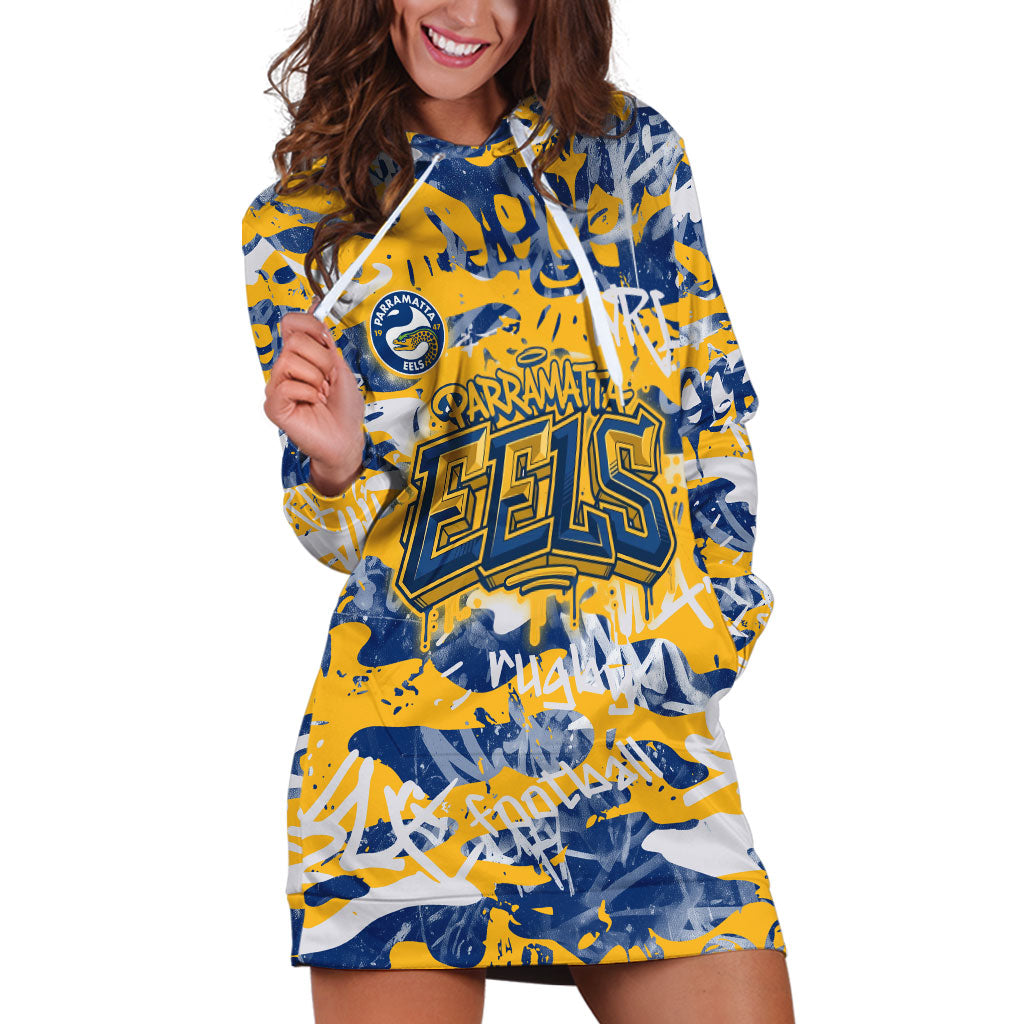 Parramatta Eels Rugby Hoodie Dress Graffiti Typography Urban Camo Abstract Street Style