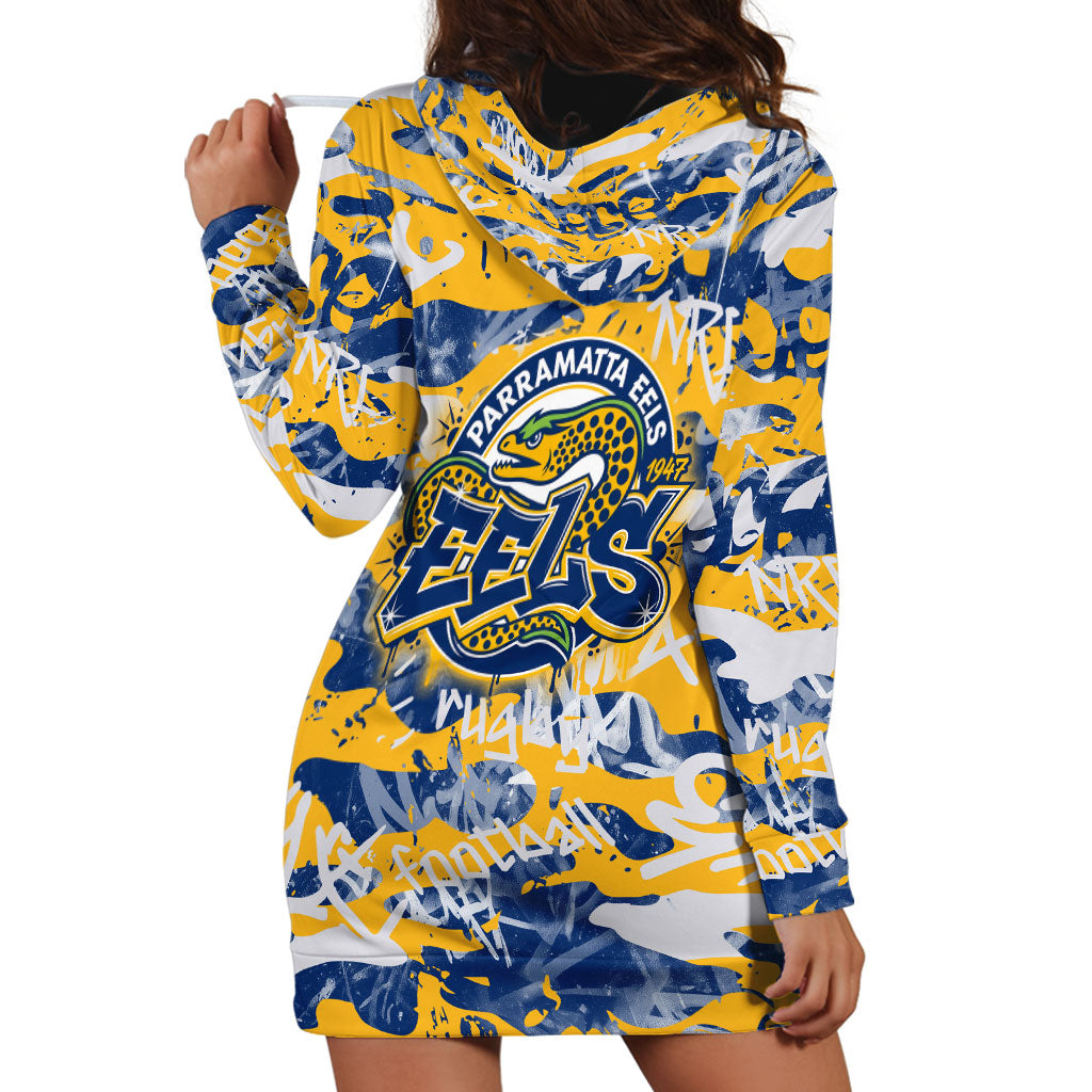 Parramatta Eels Rugby Hoodie Dress Graffiti Typography Urban Camo Abstract Street Style