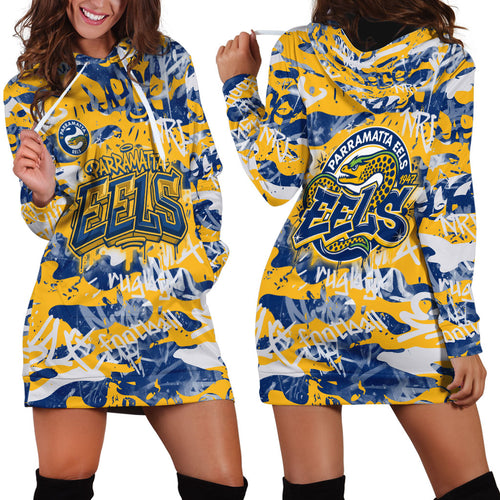 Parramatta Eels Rugby Hoodie Dress Graffiti Typography Urban Camo Abstract Street Style