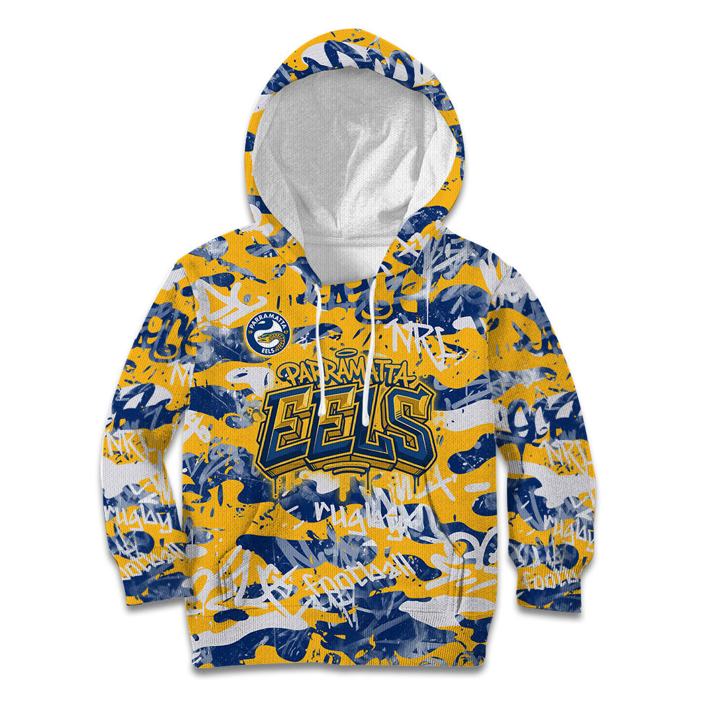 Parramatta Eels Rugby Kid Hoodie Graffiti Typography Urban Camo Abstract Street Style