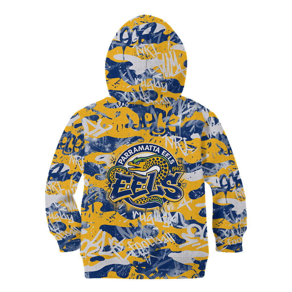 Parramatta Eels Rugby Kid Hoodie Graffiti Typography Urban Camo Abstract Street Style