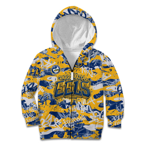 Parramatta Eels Rugby Kid Hoodie Graffiti Typography Urban Camo Abstract Street Style