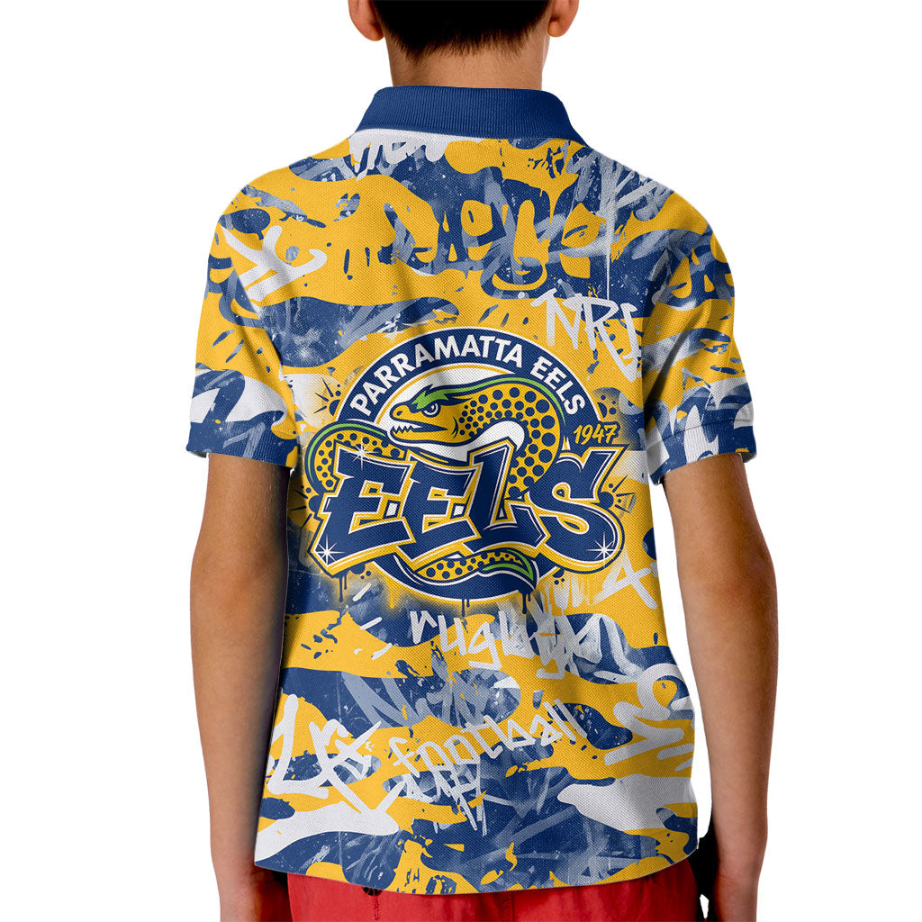 Parramatta Eels Rugby Kid Polo Shirt Graffiti Typography Urban Camo Abstract Street Style