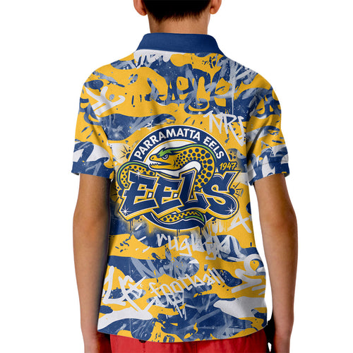 Parramatta Eels Rugby Kid Polo Shirt Graffiti Typography Urban Camo Abstract Street Style