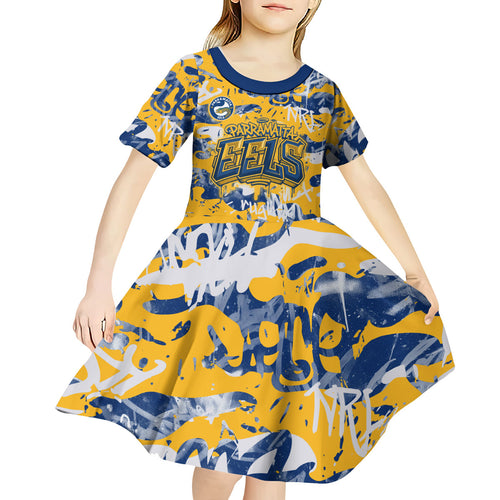 Parramatta Eels Rugby Kid Short Sleeve Dress Graffiti Typography Urban Camo Abstract Street Style