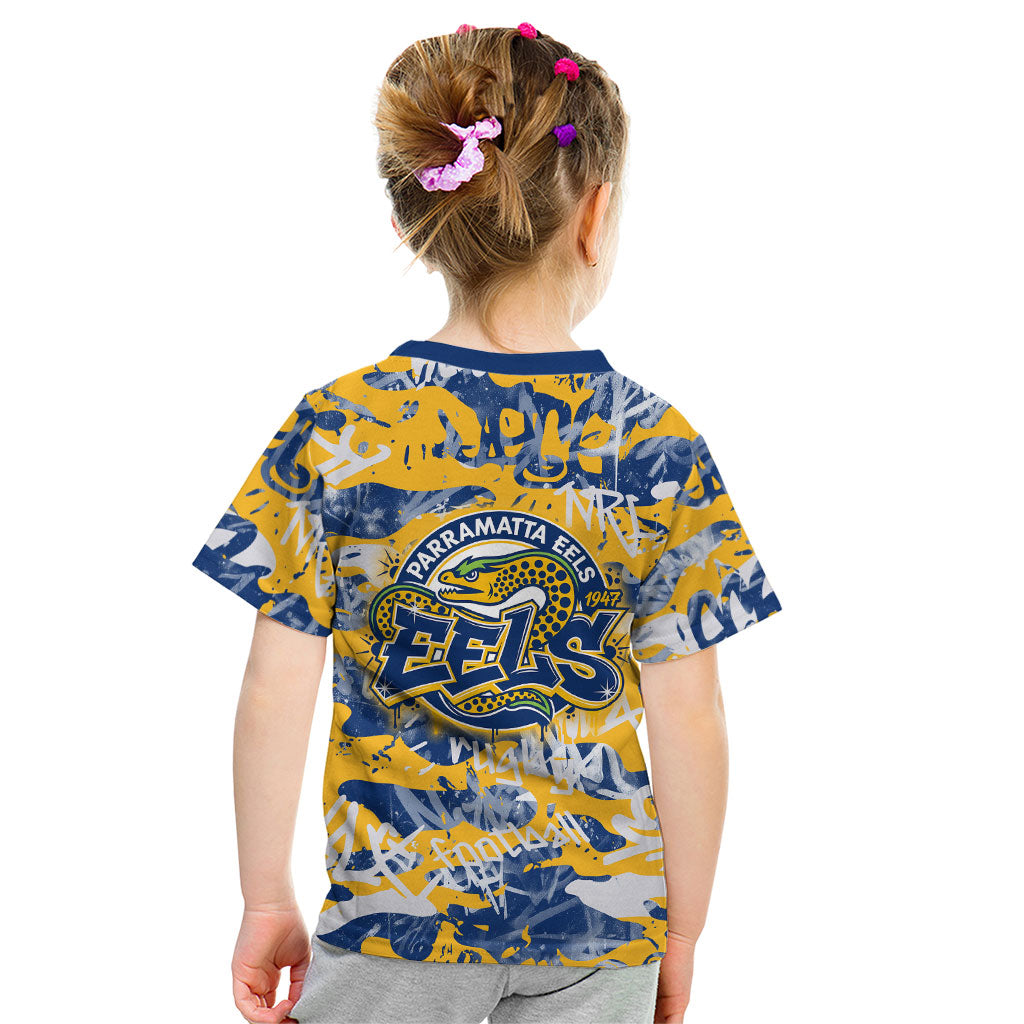 Parramatta Eels Rugby Kid T Shirt Graffiti Typography Urban Camo Abstract Street Style