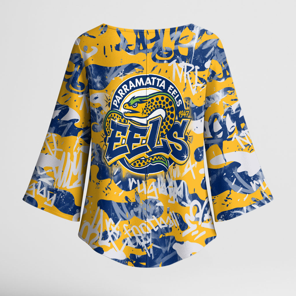 Parramatta Eels Rugby Kimono Sleeve Blouse Graffiti Typography Urban Camo Abstract Street Style