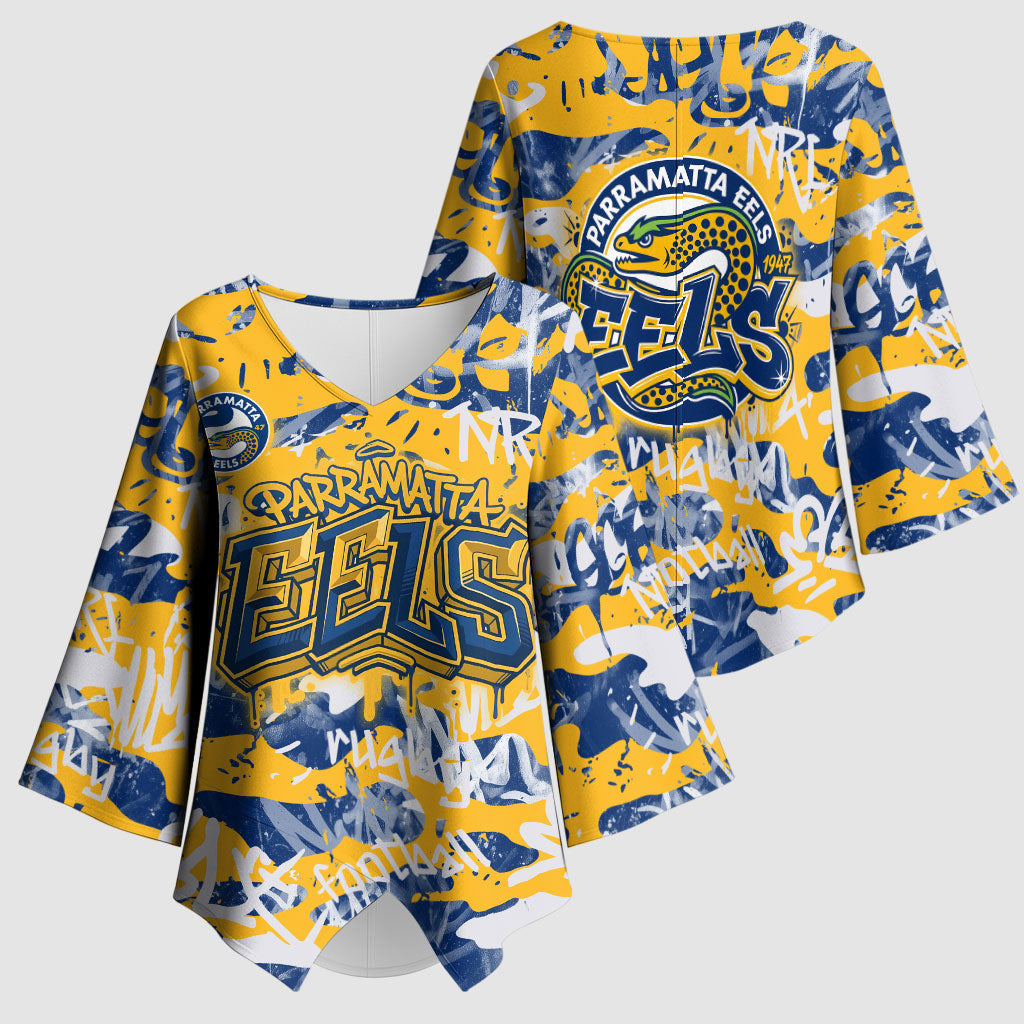 Parramatta Eels Rugby Kimono Sleeve Blouse Graffiti Typography Urban Camo Abstract Street Style