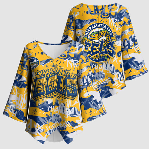 Parramatta Eels Rugby Kimono Sleeve Blouse Graffiti Typography Urban Camo Abstract Street Style