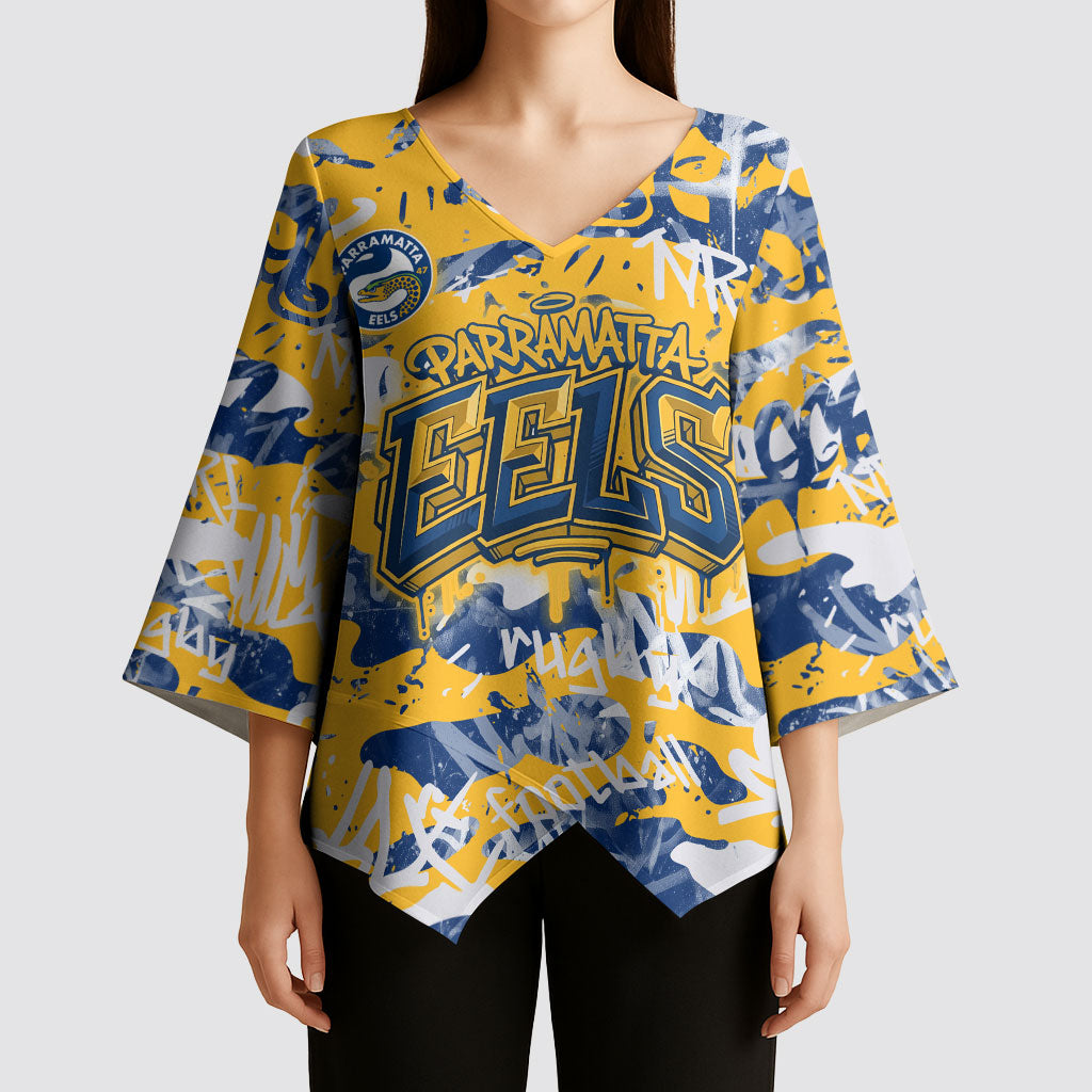 Parramatta Eels Rugby Kimono Sleeve Blouse Graffiti Typography Urban Camo Abstract Street Style