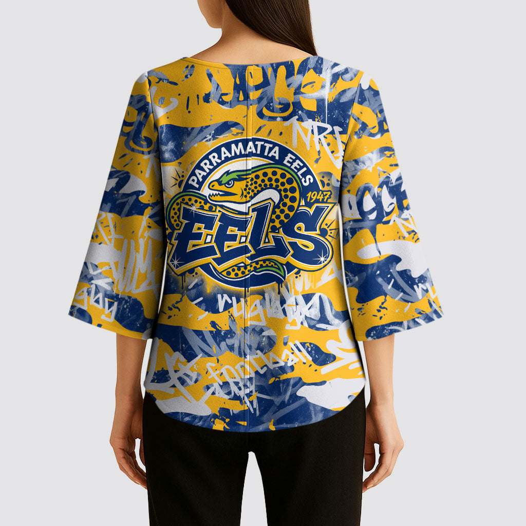 Parramatta Eels Rugby Kimono Sleeve Blouse Graffiti Typography Urban Camo Abstract Street Style