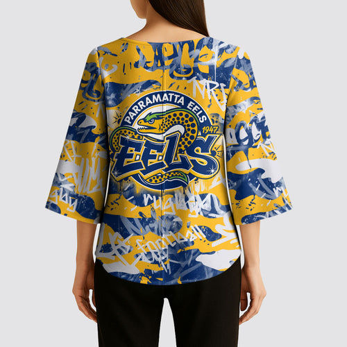 Parramatta Eels Rugby Kimono Sleeve Blouse Graffiti Typography Urban Camo Abstract Street Style