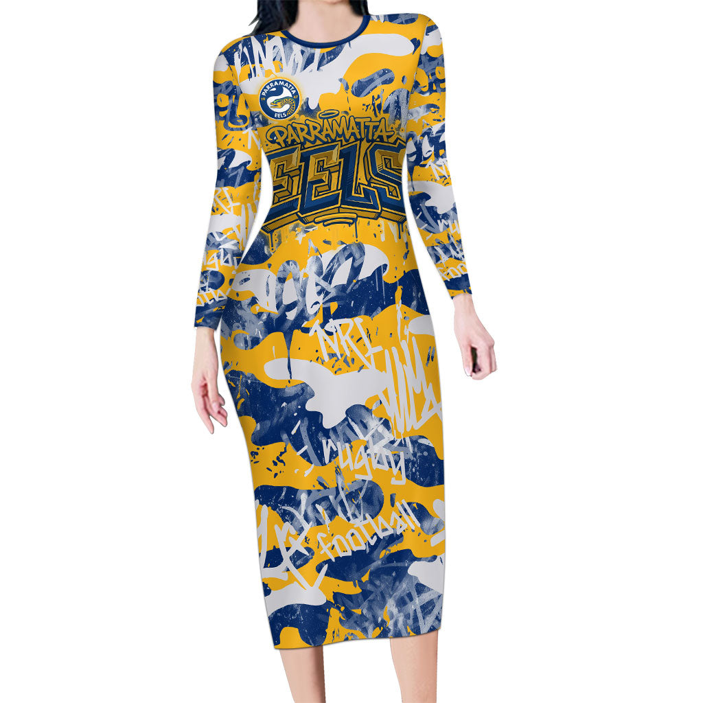 Parramatta Eels Rugby Long Sleeve Bodycon Dress Graffiti Typography Urban Camo Abstract Street Style
