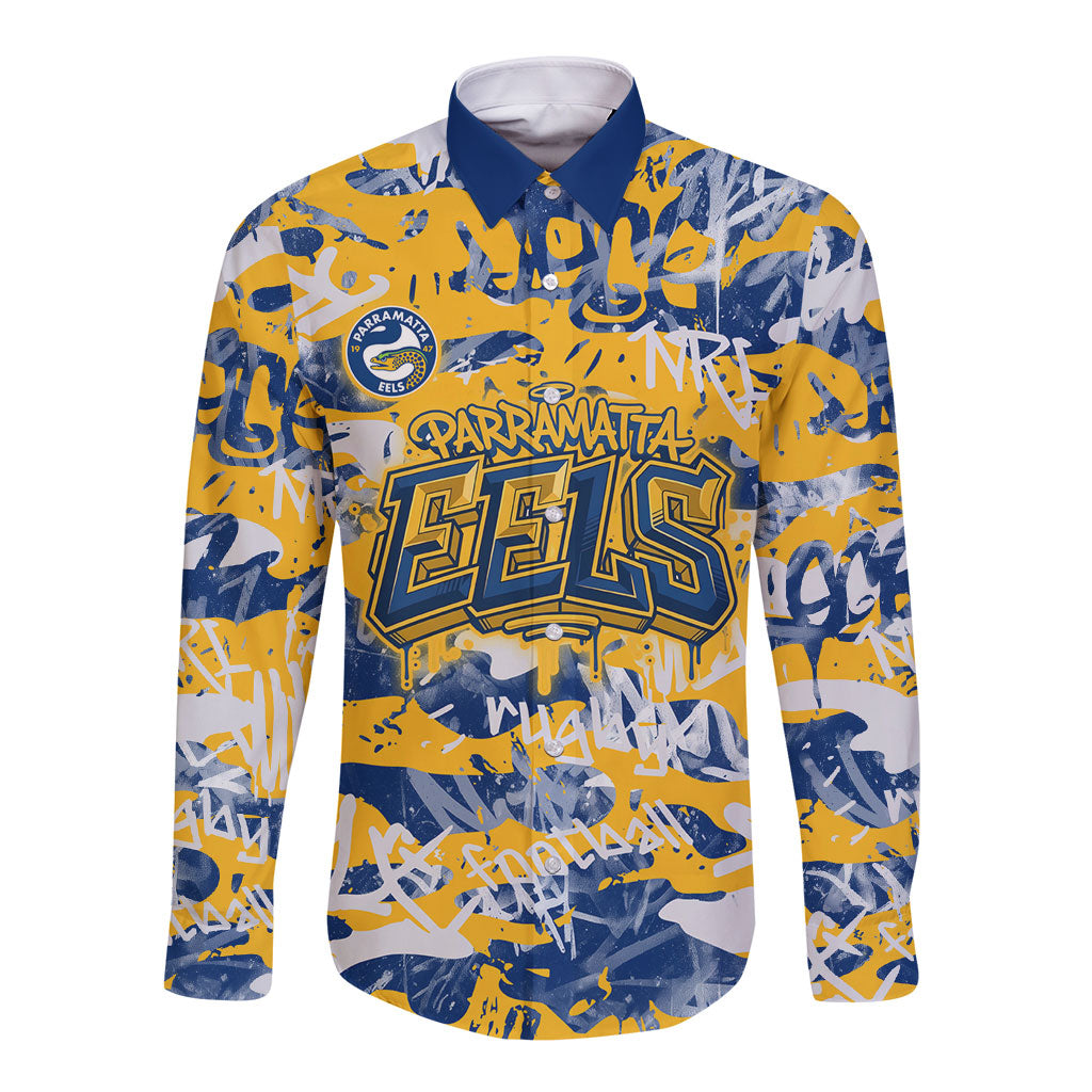 Parramatta Eels Rugby Long Sleeve Button Shirt Graffiti Typography Urban Camo Abstract Street Style