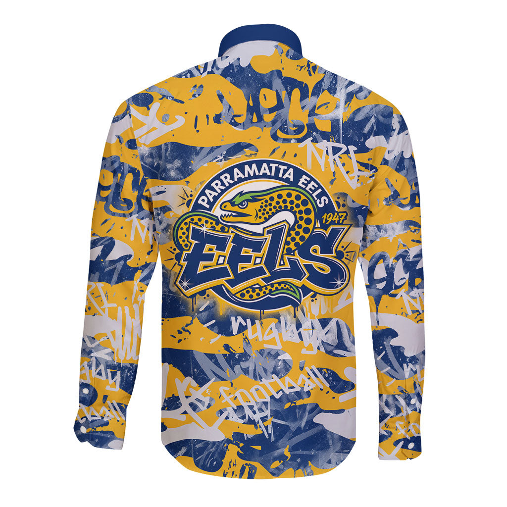 Parramatta Eels Rugby Long Sleeve Button Shirt Graffiti Typography Urban Camo Abstract Street Style