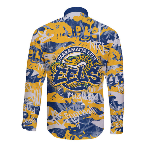 Parramatta Eels Rugby Long Sleeve Button Shirt Graffiti Typography Urban Camo Abstract Street Style