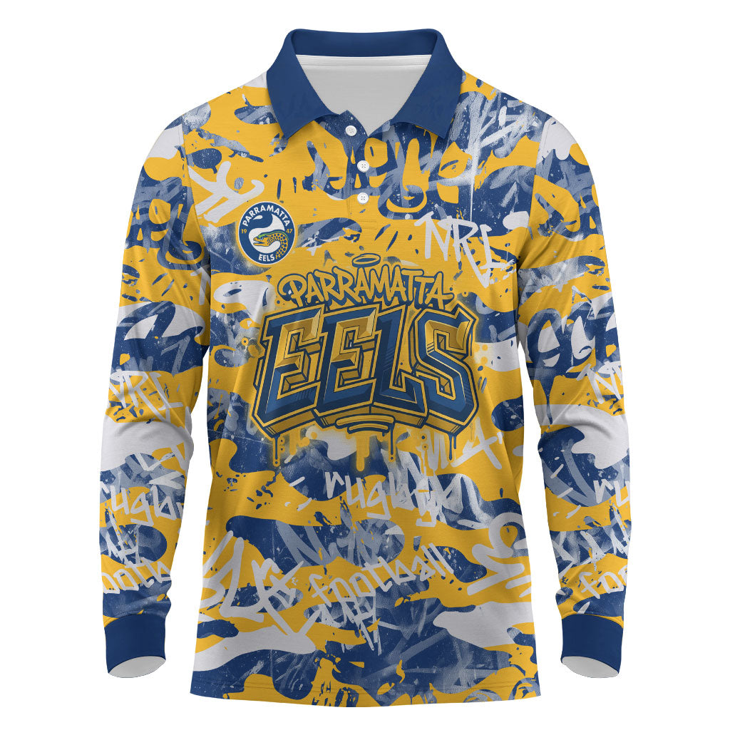 Parramatta Eels Rugby Long Sleeve Polo Shirt Graffiti Typography Urban Camo Abstract Street Style