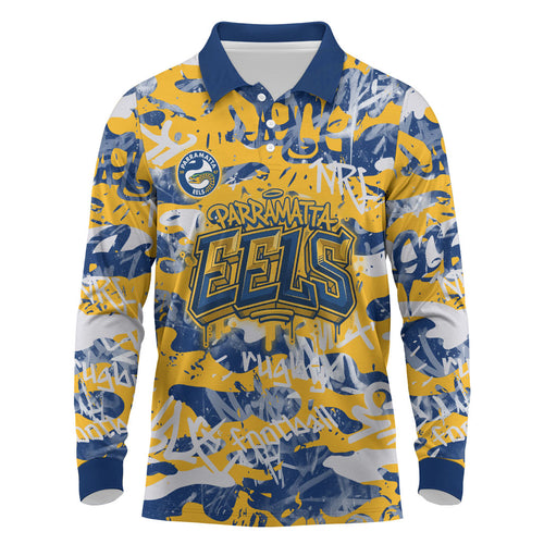 Parramatta Eels Rugby Long Sleeve Polo Shirt Graffiti Typography Urban Camo Abstract Street Style