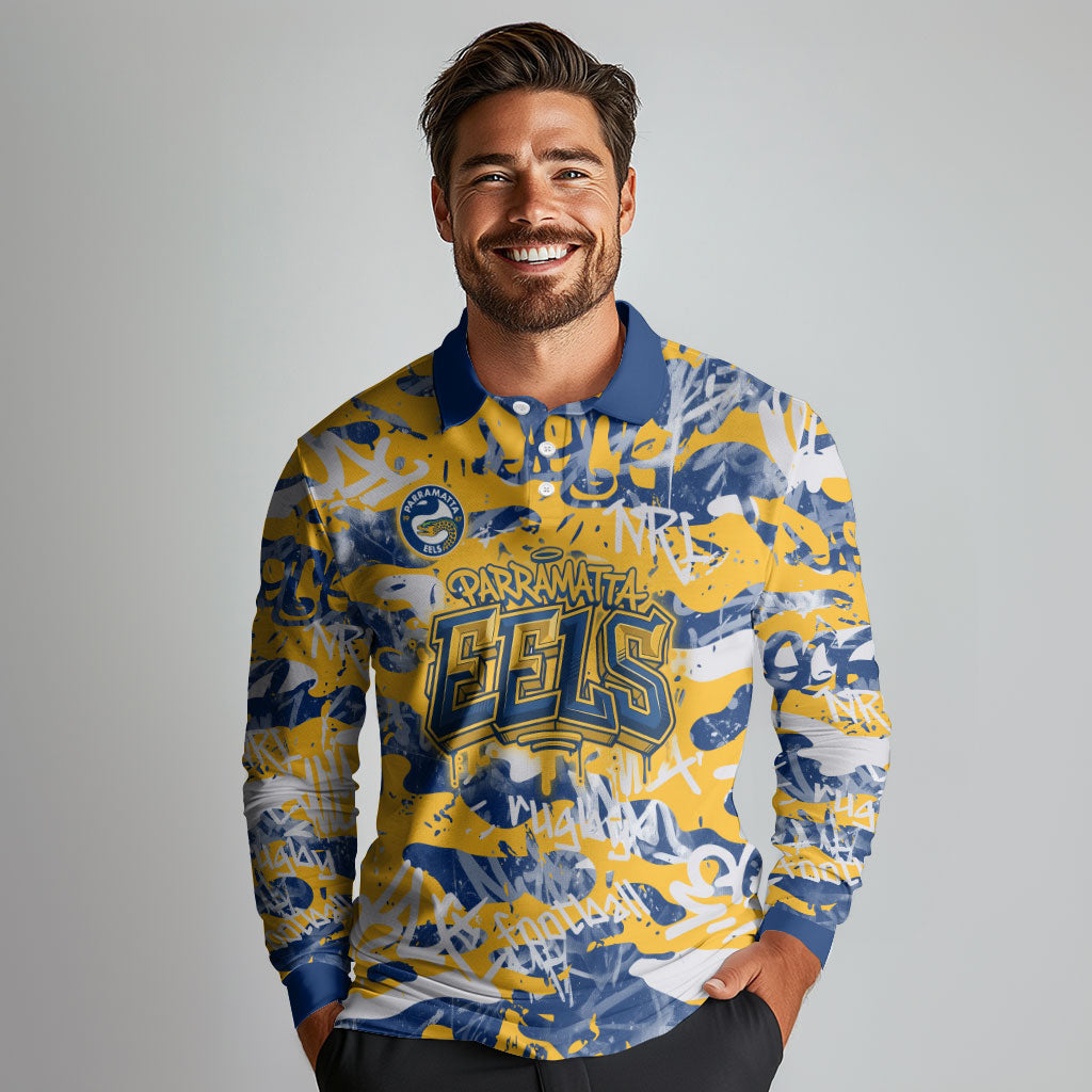 Parramatta Eels Rugby Long Sleeve Polo Shirt Graffiti Typography Urban Camo Abstract Street Style