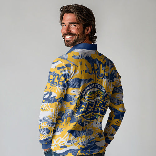 Parramatta Eels Rugby Long Sleeve Polo Shirt Graffiti Typography Urban Camo Abstract Street Style