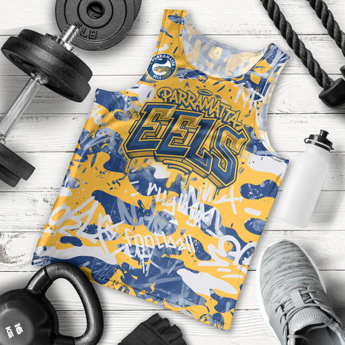 Parramatta Eels Rugby Men Tank Top Graffiti Typography Urban Camo Abstract Street Style