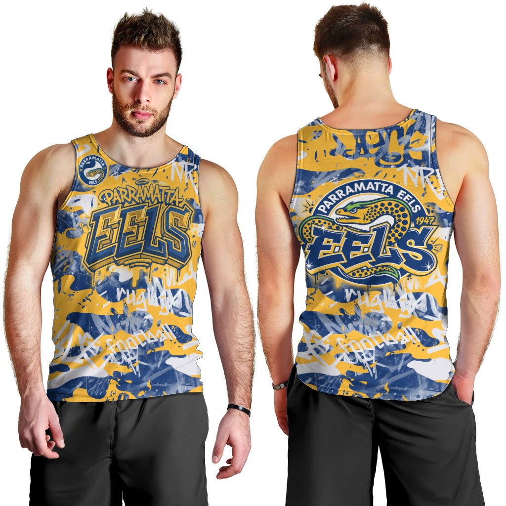 Parramatta Eels Rugby Men Tank Top Graffiti Typography Urban Camo Abstract Street Style